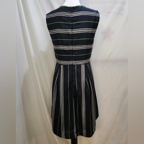 Beautifully Couture Blue Green Striped Sleeveless Lined V-Neck Dress, Small - Picture 3 of 8